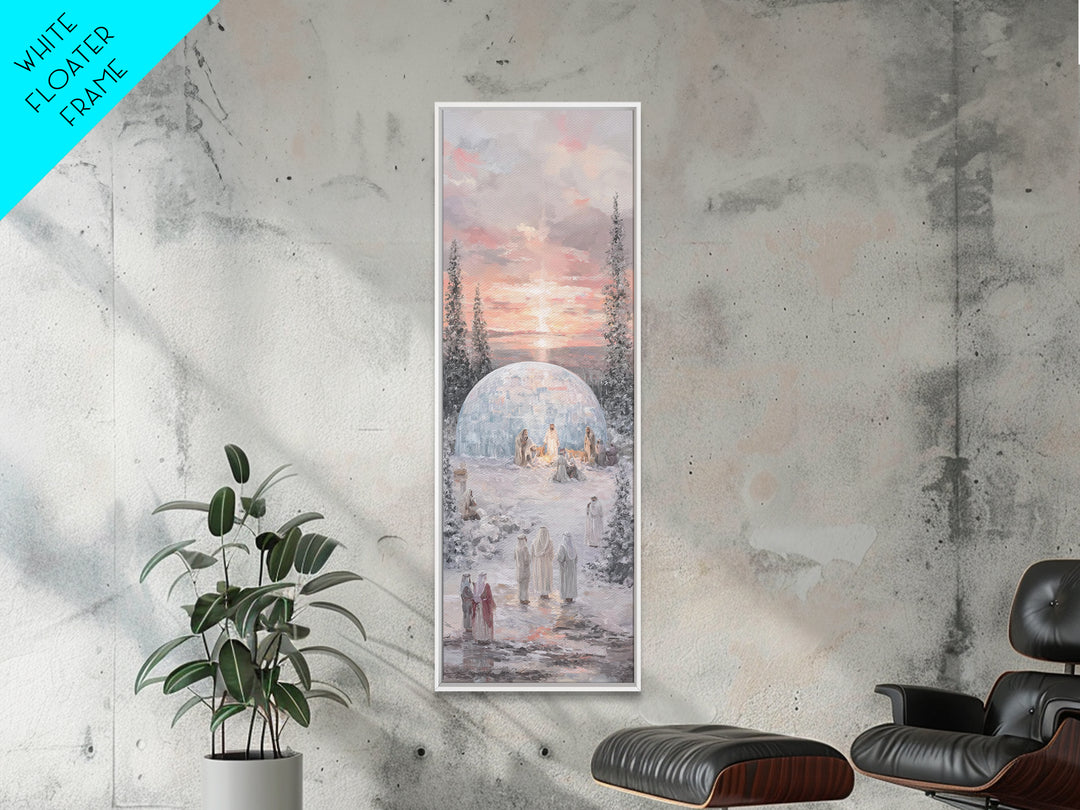 Winter Nativity Gathering - Framed Canvas Print - Christian Art Canvas - Christian Wall Art - Christmas Art - Narrow Art - Christian Christ