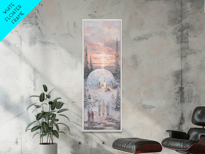 Winter Nativity Gathering - Framed Canvas Print - Christian Art Canvas - Christian Wall Art - Christmas Art - Narrow Art - Christian Christ
