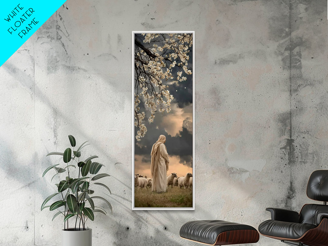 Quiet Shepherd Light, Framed Canvas Print, Christian Art Print, Jesus Wall Art, Skinny Art, Christian Christmas Decor, Christian Painting