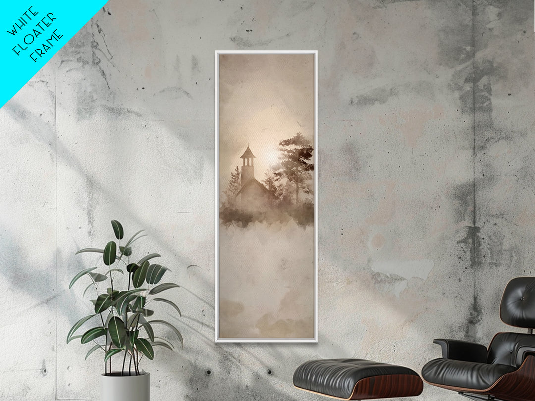 Dawn Chapel Stillness, Framed Canvas Print, Christian Wall Art, Minimalist Christian Art, Tall Skinny Art Print, Christian Decor, Christmas