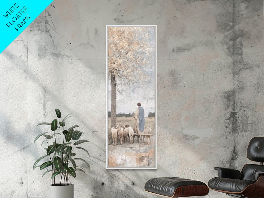 Riverside Shepherd Calm, Framed Canvas Print, Tall Narrow Wall Art, Christian Art Canvas, Jesus Painting, Christian Christmas Art, Christia