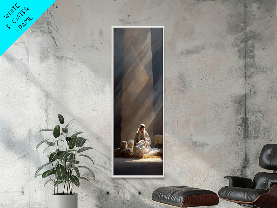 Blessed Nativity Light – Framed Canvas Print – Tall Skinny Art Print – Christian Christmas Art – Christian Wall Art – Christmas Canvas Wall