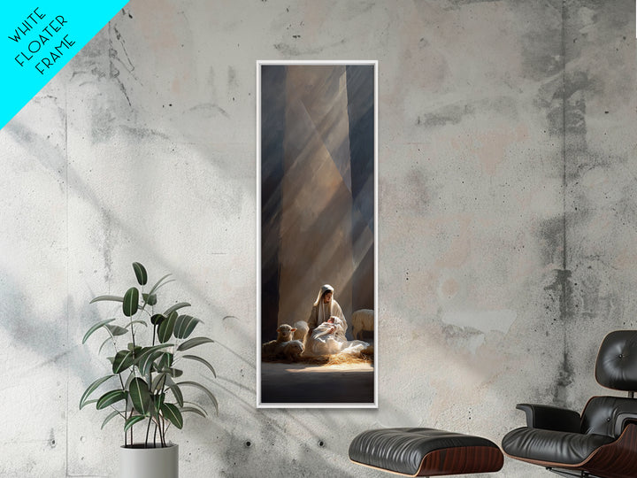 Blessed Nativity Light – Framed Canvas Print – Tall Skinny Art Print – Christian Christmas Art – Christian Wall Art – Christmas Canvas Wall