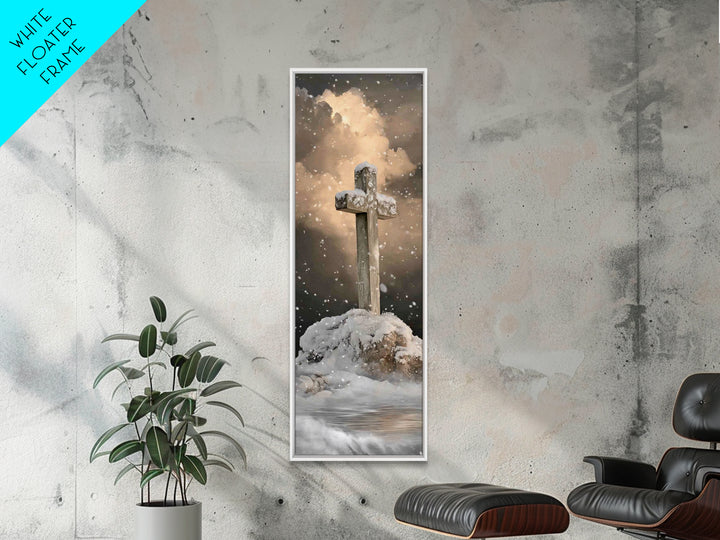 Icy Cross Radiance – Framed Canvas Print – Narrow Art – Christian Art Work – Christian Wall Art – Christian Christmas Art – Christian Paint