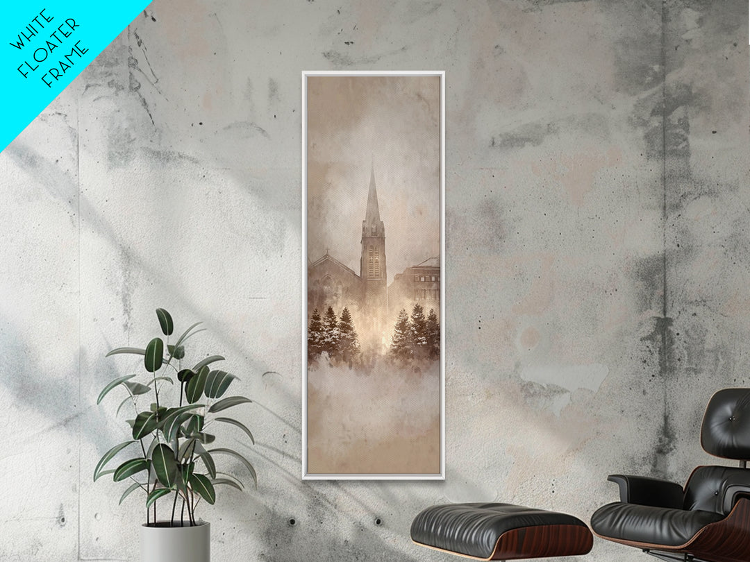 Frosted Chapel Dawn - Framed Canvas Print - Christian Christmas Art - Christian Wall Art - Skinny Art - Christian Art Gift - Vintage Christ