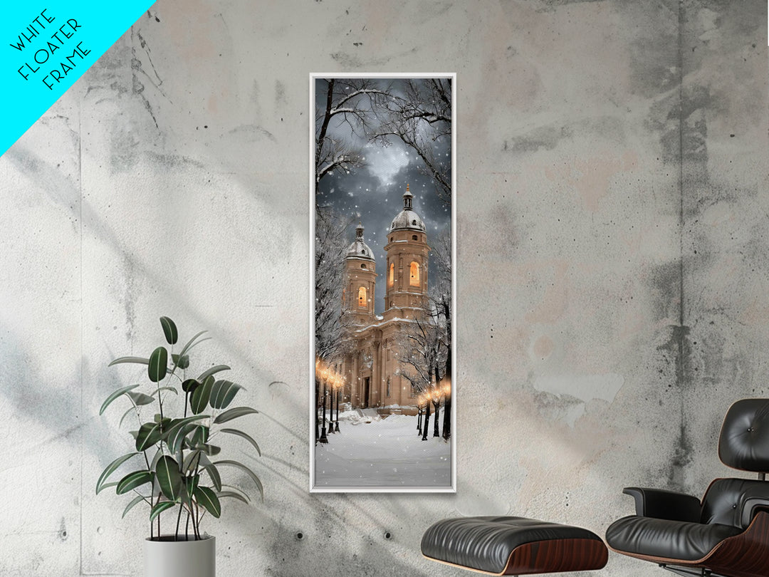 Snowfall Cathedral Peace - Framed Canvas Print - Christian Wall Art - Tall Skinny Art Print - Christian Art Canvas - Christmas Art Work - F