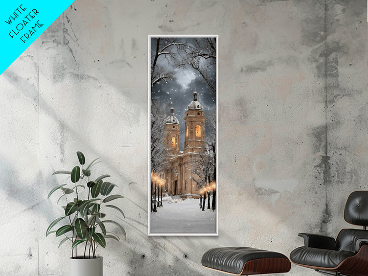 Snowfall Cathedral Peace - Framed Canvas Print - Christian Wall Art - Tall Skinny Art Print - Christian Art Canvas - Christmas Art Work - F