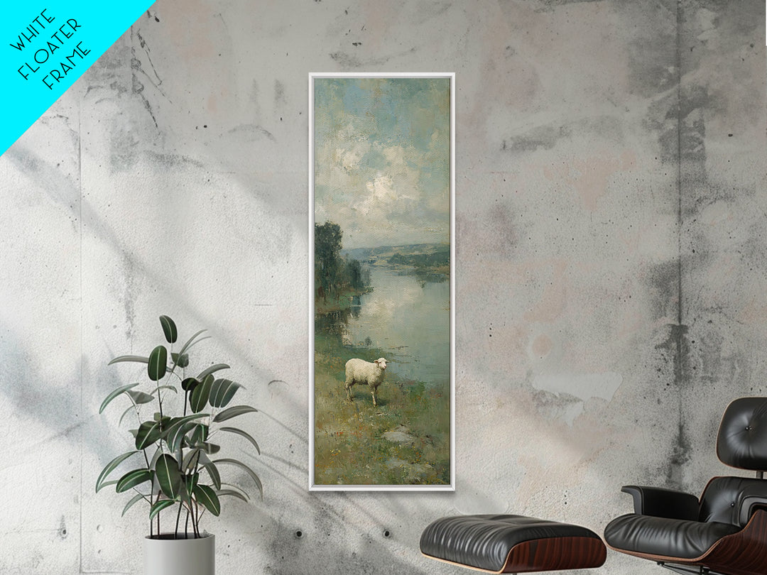 Riverbank White Lamb | Framed Canvas Print | Christian Art Canvas | Christian Wall Art | Skinny Art | Vintage Christian Art | Christian Dec
