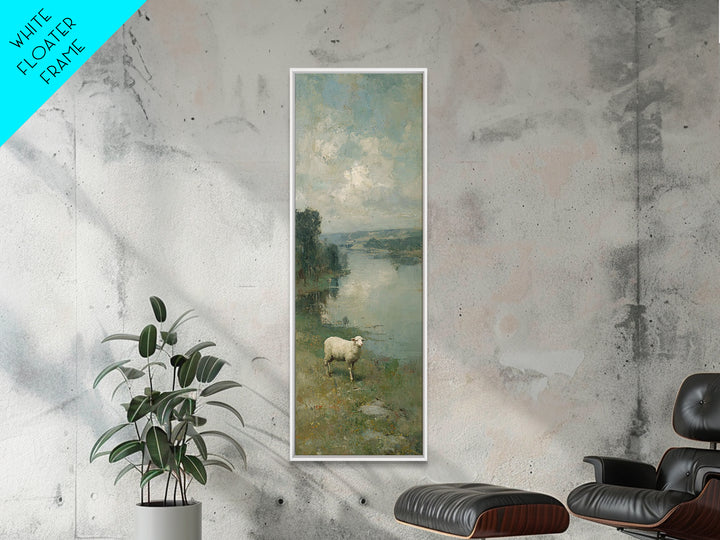Riverbank White Lamb | Framed Canvas Print | Christian Art Canvas | Christian Wall Art | Skinny Art | Vintage Christian Art | Christian Dec