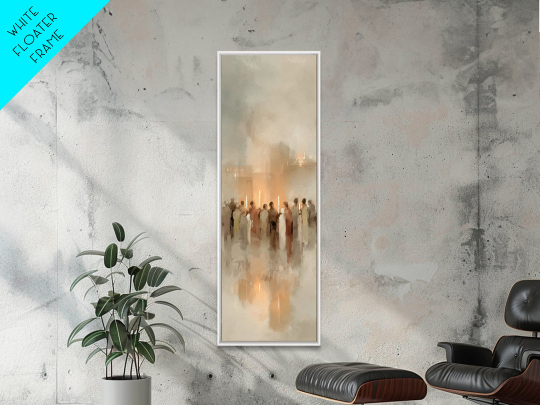 Candlelit Gathering | Framed Canvas Print | Christian Wall Art | Christian Christmas Art | Modern Christian Art | Narrow Art