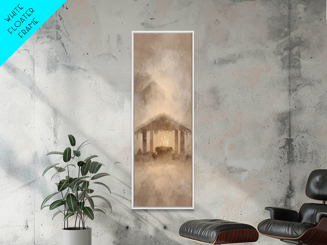 Holy Cradle Light – Framed Canvas Print – Christmas Art – Christian Art Canvas – Modern Christian Art – Skinny Art