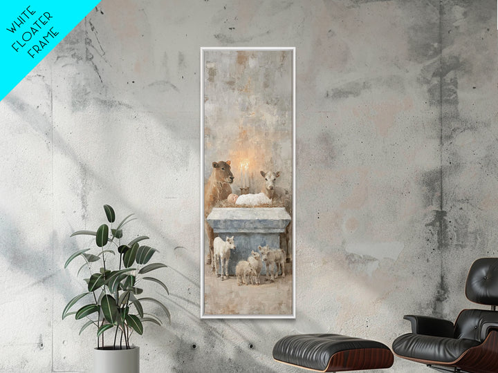 Serene Manger Hope – Framed Canvas Print – Christian Wall Art – Jesus Painting – Christmas Art – Narrow Art – Christian Art Canvas