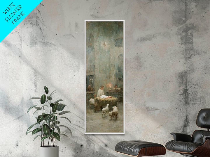 Quiet Nativity Glow | Framed Canvas Print | Christian Art Work | Modern Christian Art | Tall Narrow Wall Art | Christmas Art | Jesus Wall A