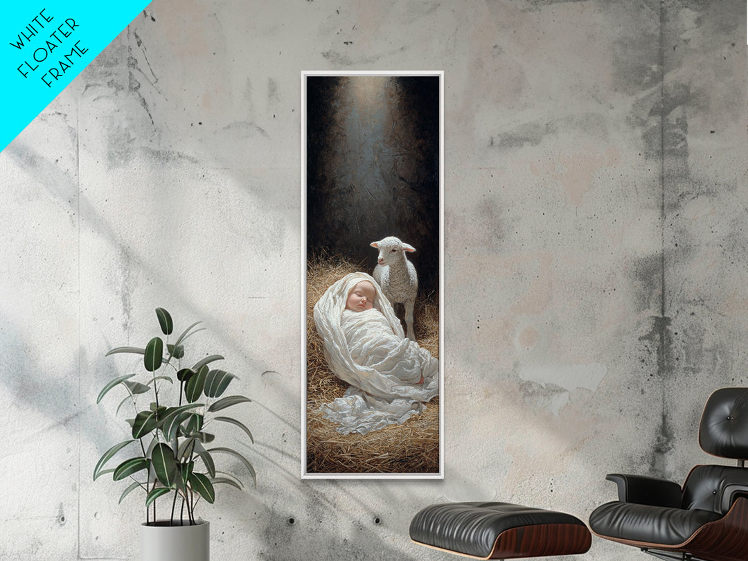 Radiant Manger Blessing, Framed Canvas Print, Christian Art Print, Christmas Art, Narrow Art, Jesus Christmas Art, Christian Wall Art