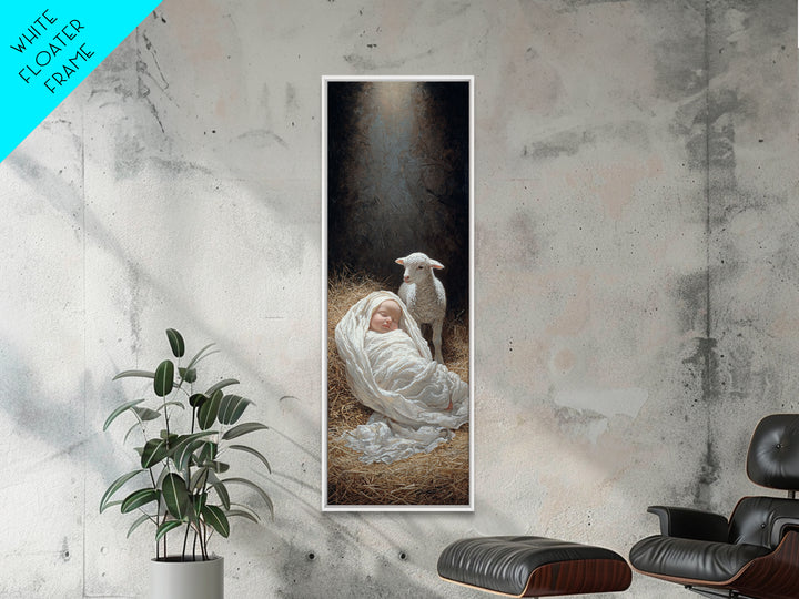 Radiant Manger Blessing, Framed Canvas Print, Christian Art Print, Christmas Art, Narrow Art, Jesus Christmas Art, Christian Wall Art