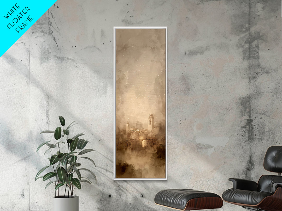 Sacred City Dawn – Framed Canvas Print – Christian Art – Christmas Art Prints – Narrow Art – Christian Wall Art – Modern Christian Art