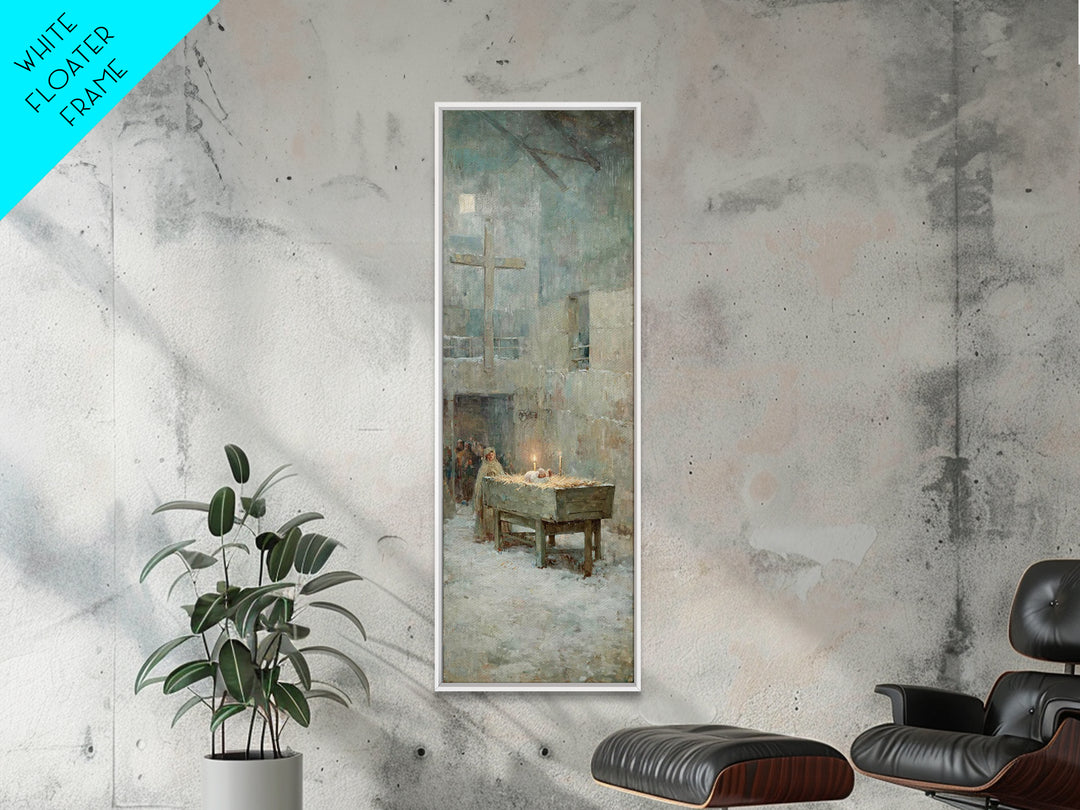 Soft Manger Dawn – Framed Canvas Print – Christian Art Canvas – Christmas Art – Subtle Christian Art – Tall Narrow Wall Art