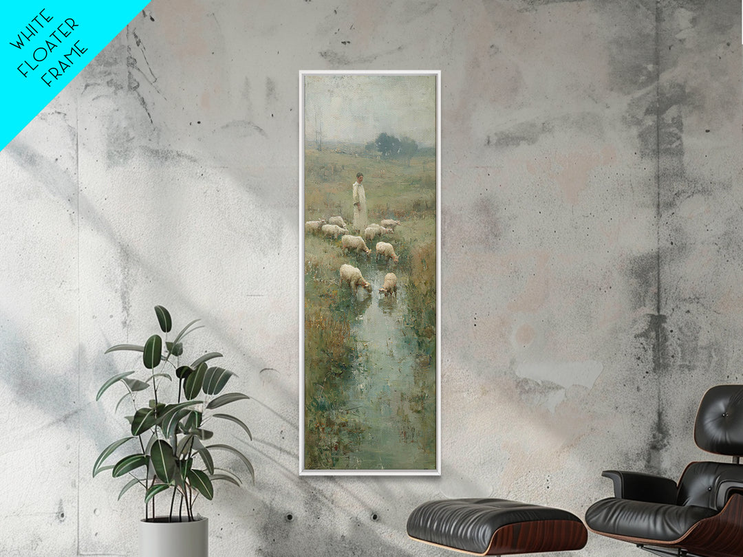 Shepherd’s Quiet Meadow – Framed Canvas Print – Christian Art Canvas – Christian Wall Art – Jesus Painting – Narrow Art – Christian Christm