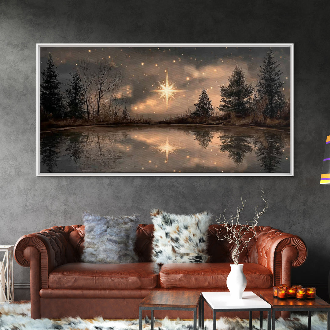Night Star Reflection, Framed Canvas Print, Christian Art Canvas, Christmas Wall Art, Christian Christmas Art, Moody Christmas Art, Christi