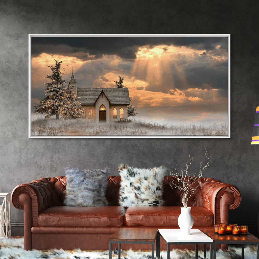 Light Of The Chapel – Framed Canvas Print – Christmas Art – Christian Christmas Art – Christian Wall Art – Christian Art Canvas – Winter Ch