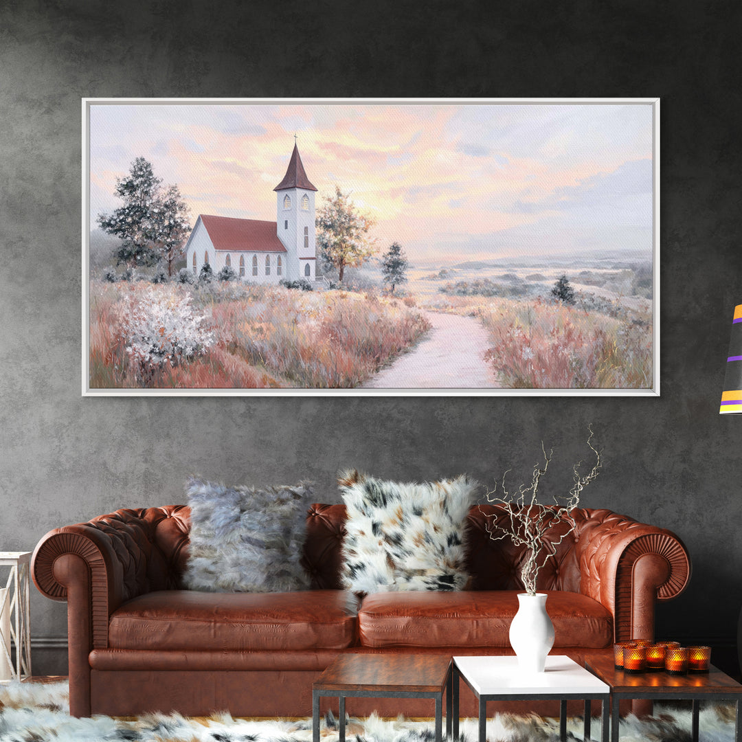 Sunrise Church Path – Framed Canvas Print – Christian Wall Art – Christian Art Canvas – Christian Art Work – Large Christian Art – Subtle C