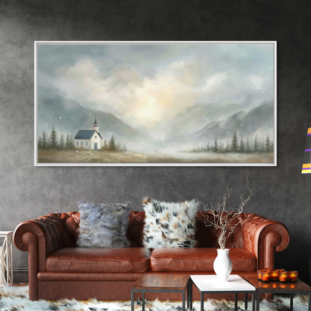 Mountain Chapel Light – Framed Canvas Print – Christian Art Canvas – Christian Wall Art – Moody Christian Art – Christian Painting – Modern