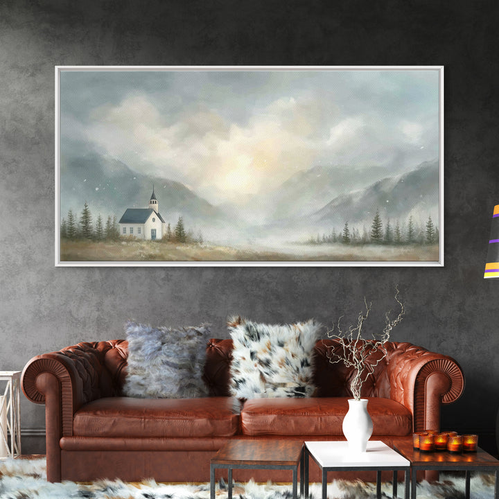 Mountain Chapel Light – Framed Canvas Print – Christian Art Canvas – Christian Wall Art – Moody Christian Art – Christian Painting – Modern