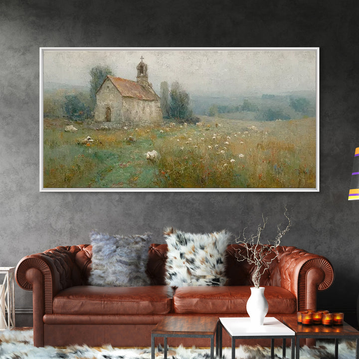 Quiet Chapel Meadow – Framed Canvas Print – Christian Art Canvas – Vintage Christian Art – Christian Painting – Christian Wall Art – Christ