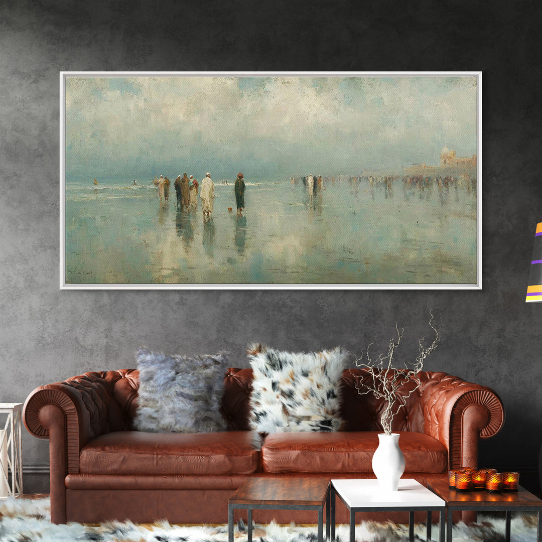 Gathering By The Shore | Framed Canvas Print | Christian Art Work | Christian Wall Art | Large Christian Painting | Jesus Painting | Retro