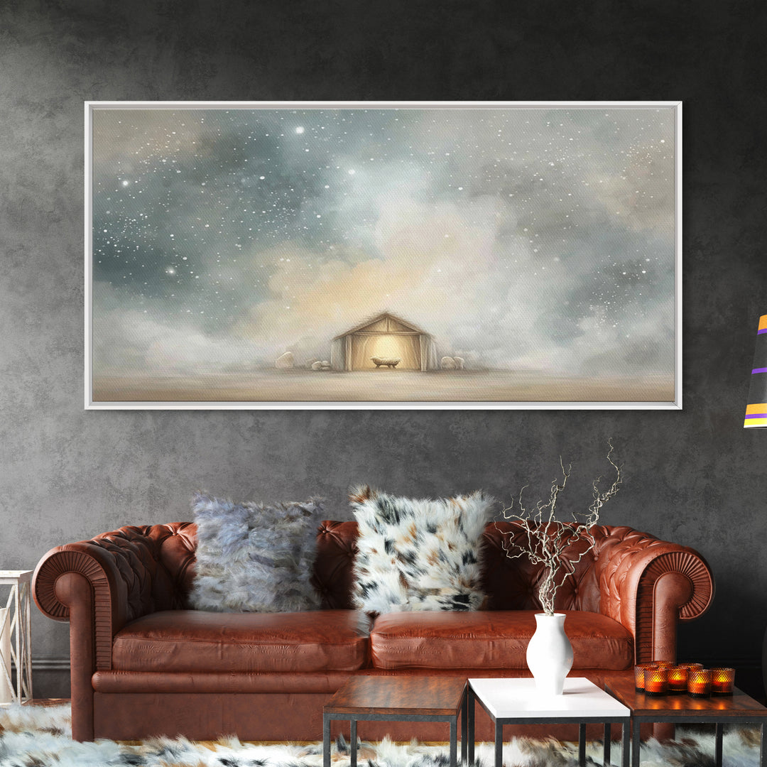 Manger Under Heaven, Framed Canvas Print, Christian Art Canvas, Christmas Art, Christian Christmas Art, Christian Wall Art