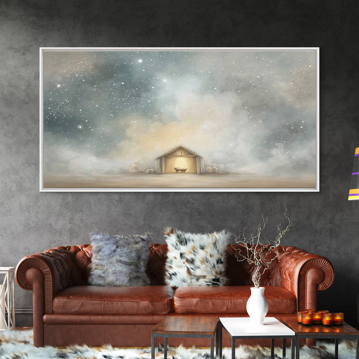 Manger Under Heaven, Framed Canvas Print, Christian Art Canvas, Christmas Art, Christian Christmas Art, Christian Wall Art