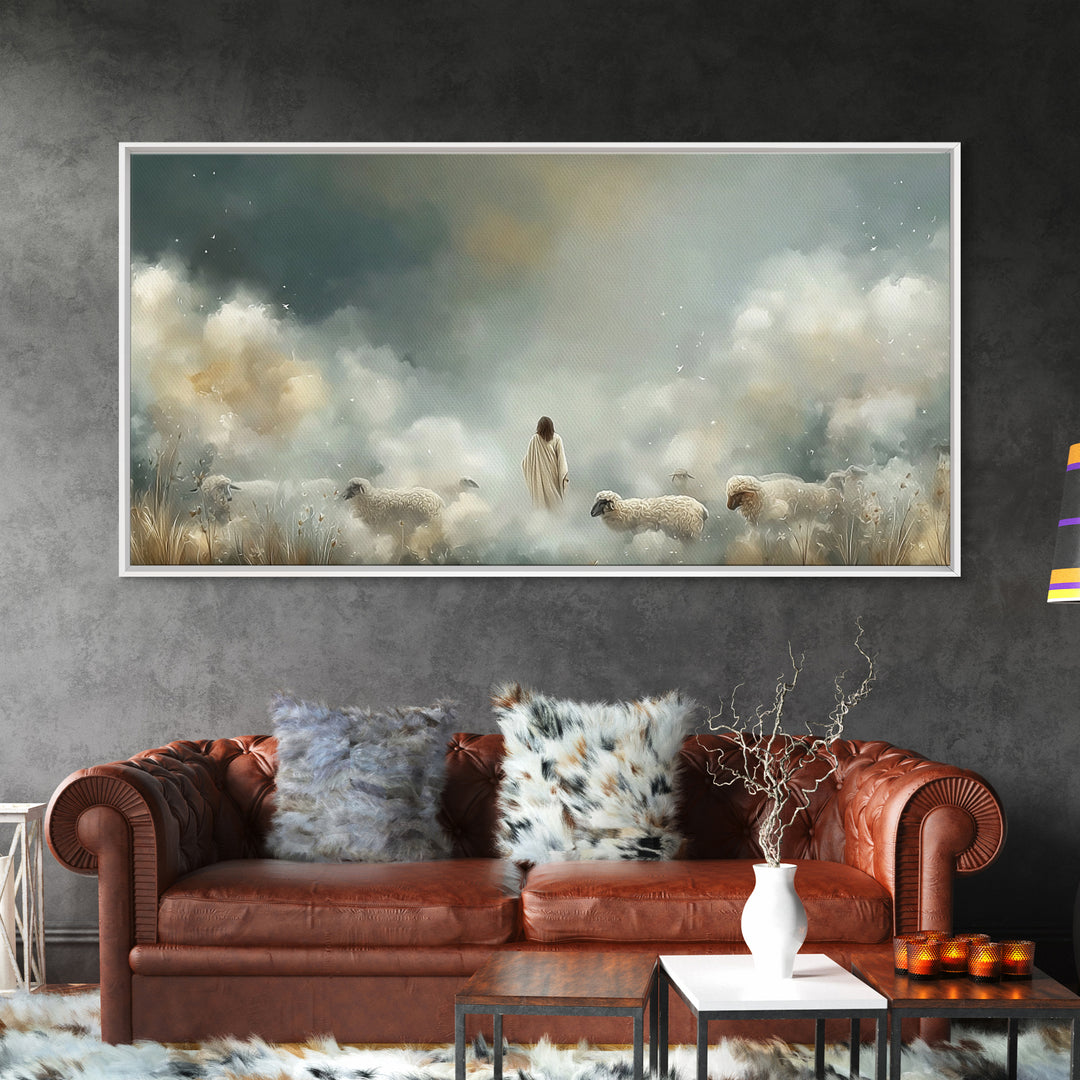 Heavenly Shepherd Light – Framed Canvas Print – Christian Wall Art – Jesus Painting – Christian Art Canvas – Christmas Art – Christian Deco