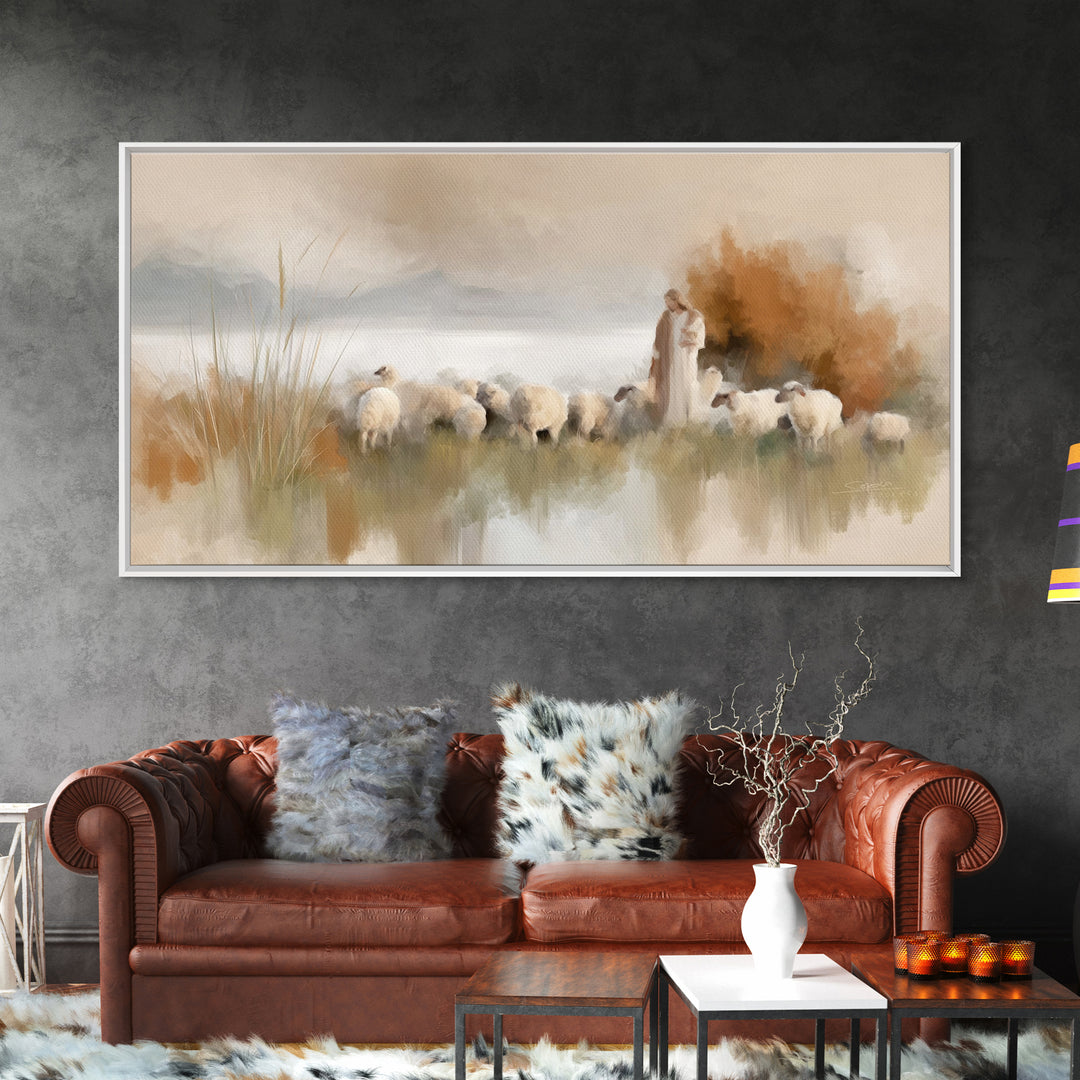 Hillside Shepherd Calm | Framed Canvas Print | Christian Art Canvas | Christian Wall Art | Jesus Painting | Christian Christmas Art | Uniqu