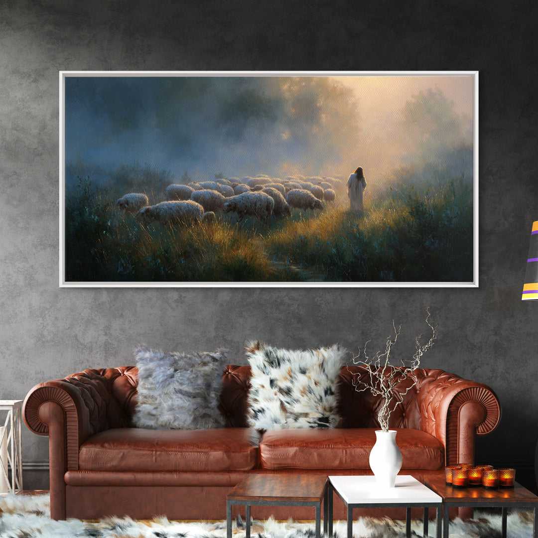 Shepherd’s Meadow Light | Framed Canvas Print | Christian Art Canvas | Christian Wall Art | Jesus Painting | Christmas Art | Vintage Christ