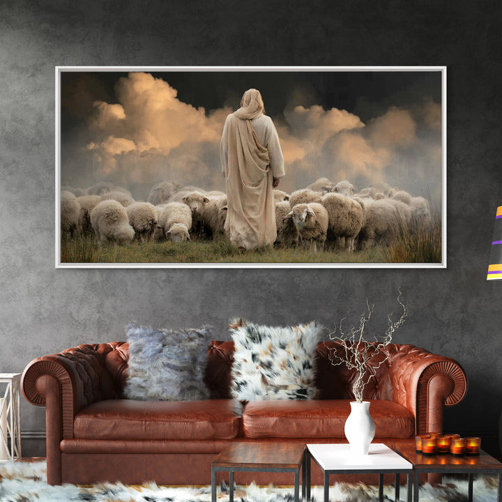 Cloudside Flock Light, Framed Canvas Print, Jesus Painting, Christian Art Canvas, Christian Wall Art, Large Christian Painting, Christian A