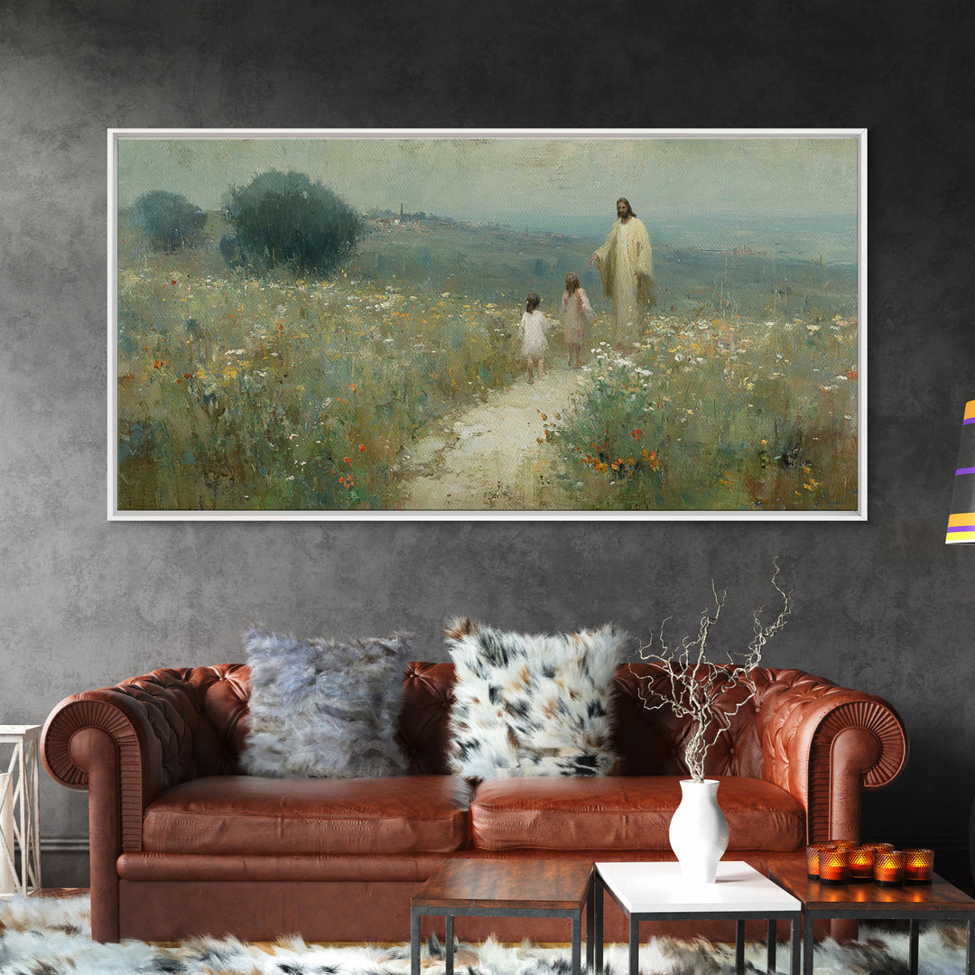 Hillside Promise Walk | Framed Canvas Print | Christian Art Canvas | Christian Wall Art | Jesus Painting | Christian Art Print | Christian