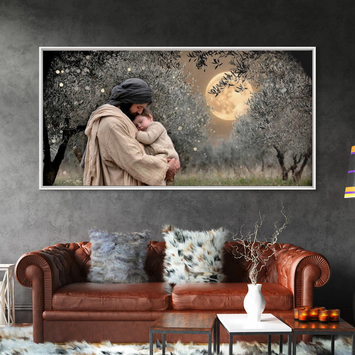 Moonlit Comfort | Framed Canvas Print | Jesus Wall Art | Christian Christmas Art | Christian Art Painting | Unique Christian Art