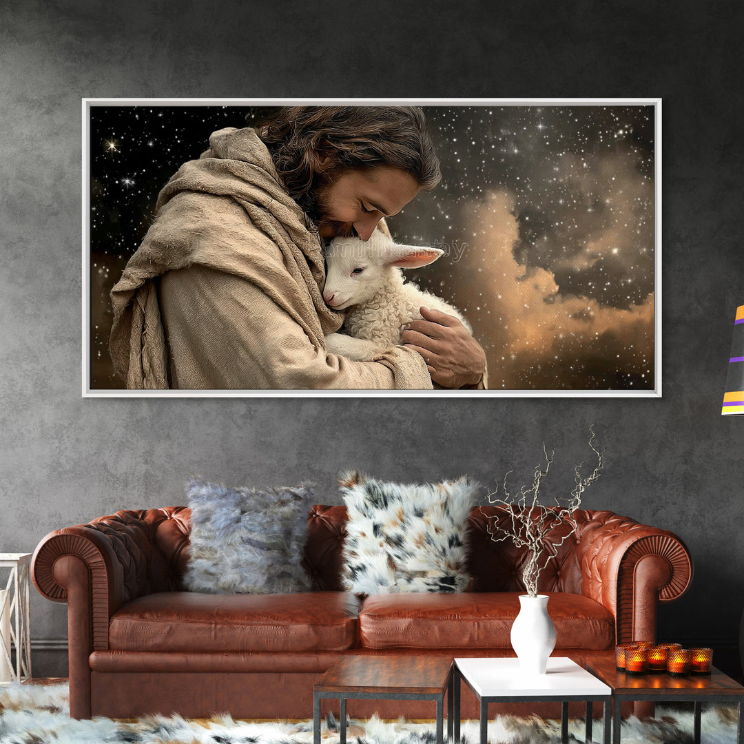 Shepherd’s Embrace – Framed Canvas Print – Christian Art Canvas – Christian Wall Art – Jesus Painting – Christian Christmas Art