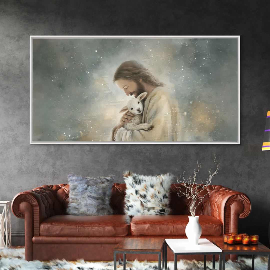 Tender Shepherd Love, Framed Canvas Print, Jesus Painting, Christian Wall Art, Christian Art Canvas, Christmas Art