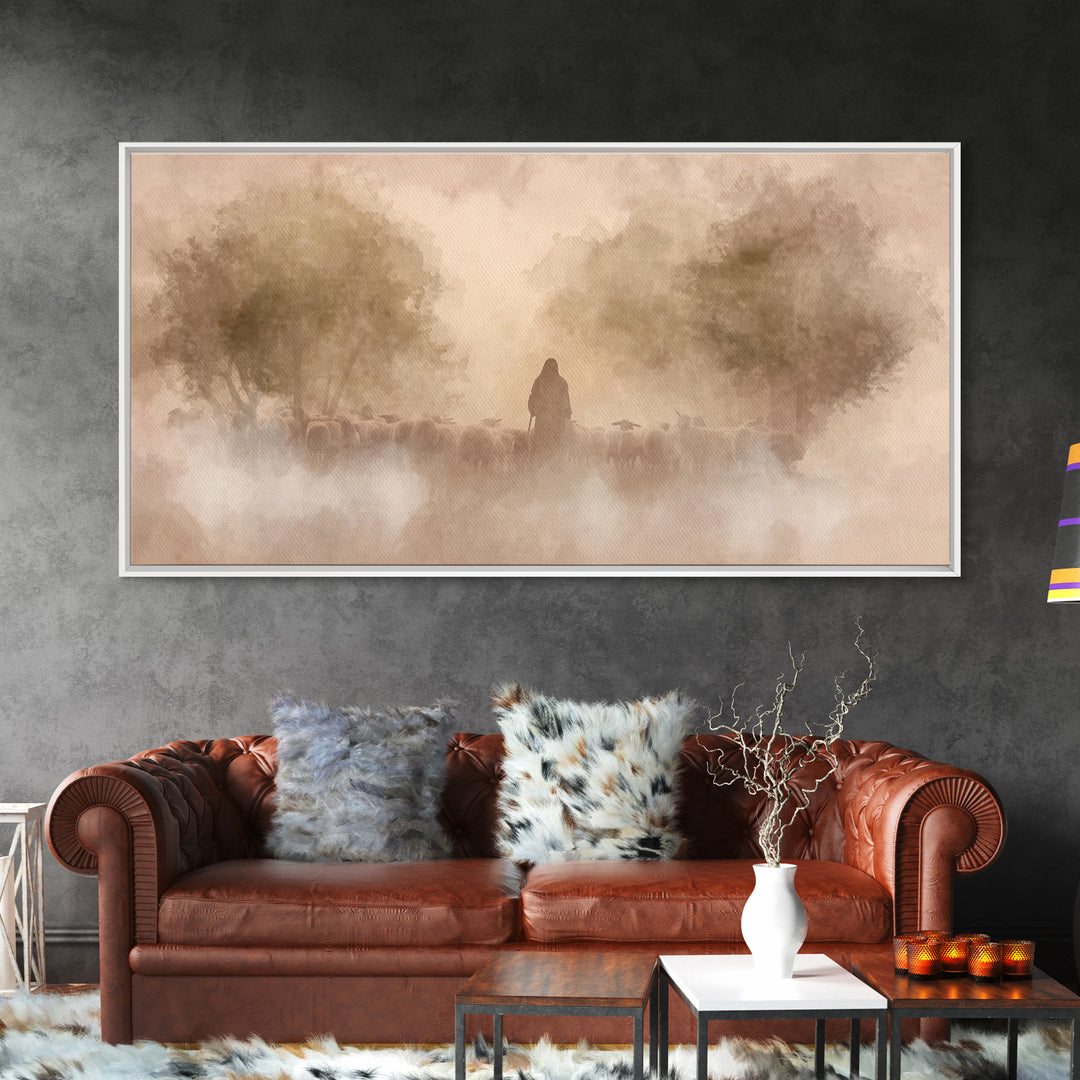 Shepherd’s Dawn Glow | Framed Canvas Print | Christian Art Canvas | Jesus Painting | Christian Wall Art | Moody Christian Art | Christmas W