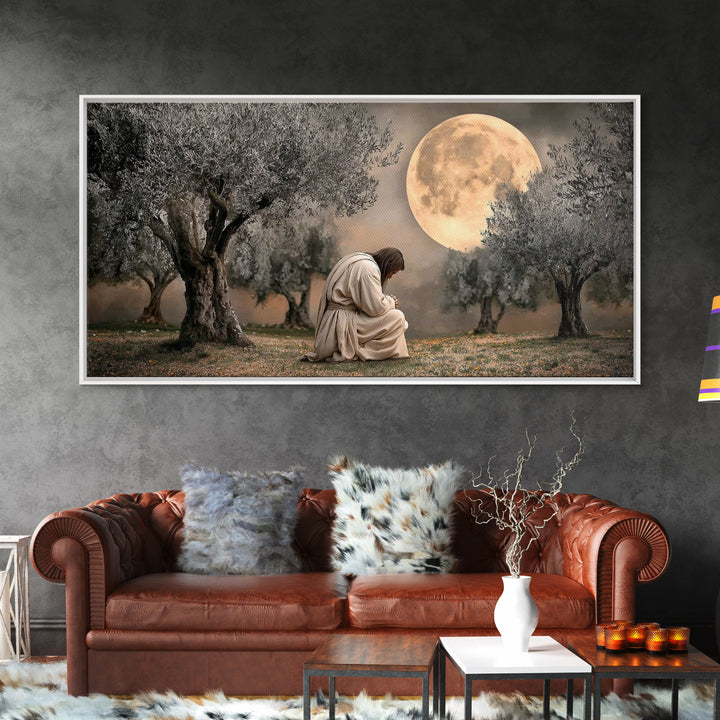 Moonlit Prayer – Framed Canvas Print | Christian Wall Art | Jesus Painting | Christian Art Canvas | Modern Christian Art | Christian Christ