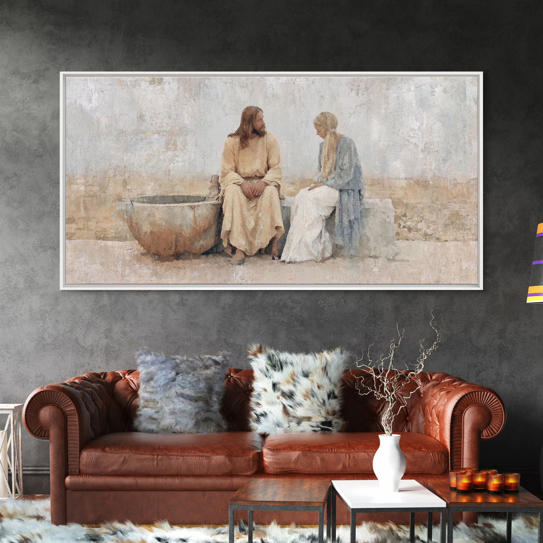 Living Water Meeting, Framed Canvas Print, Christian Wall Art, Christian Art Canvas, Jesus Painting, Modern Christian Art, Christian Decor