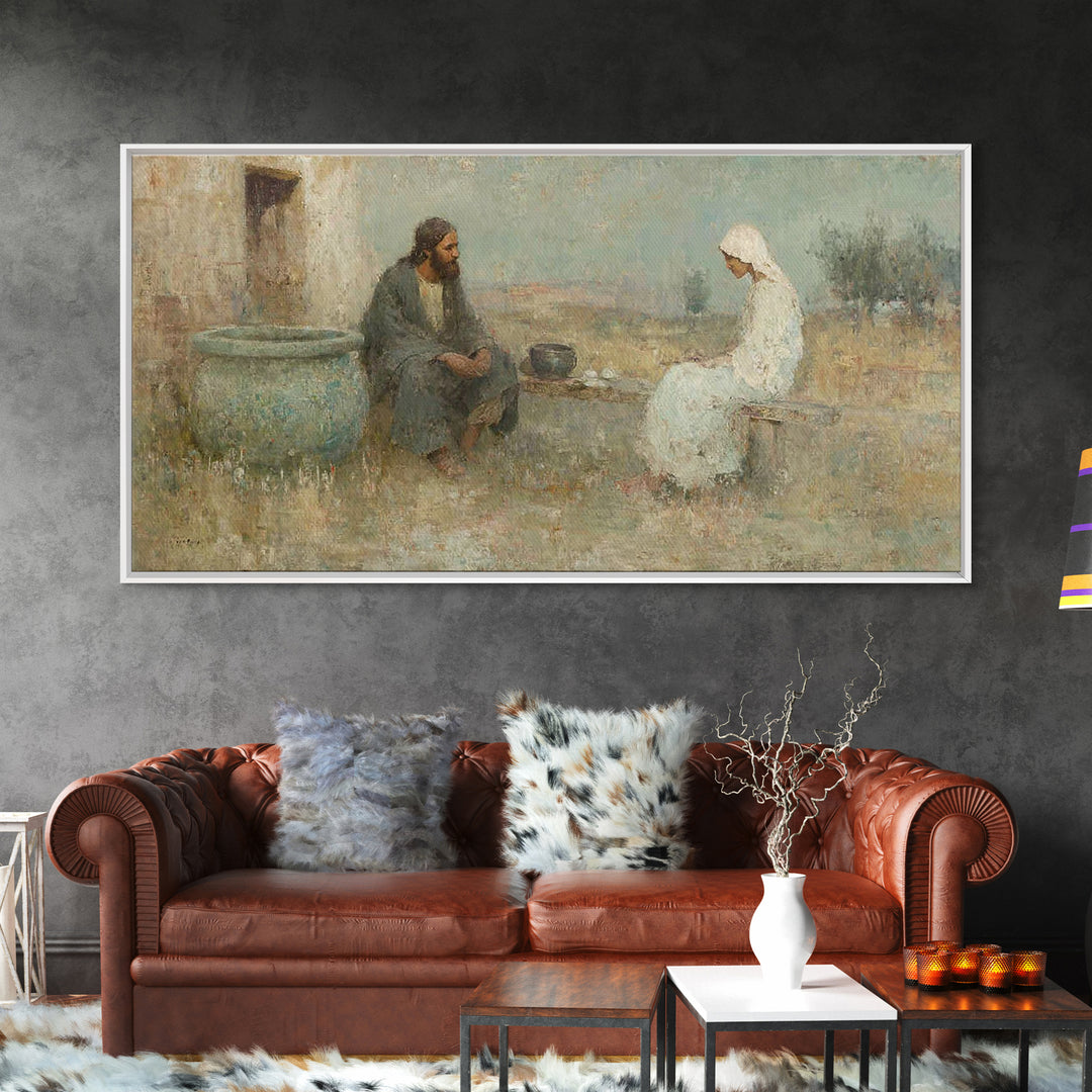 Quiet Well Encounter – Framed Canvas Print – Christian Art Canvas – Christian Painting – Subtle Christian Art – Christian Wall Art – Christ