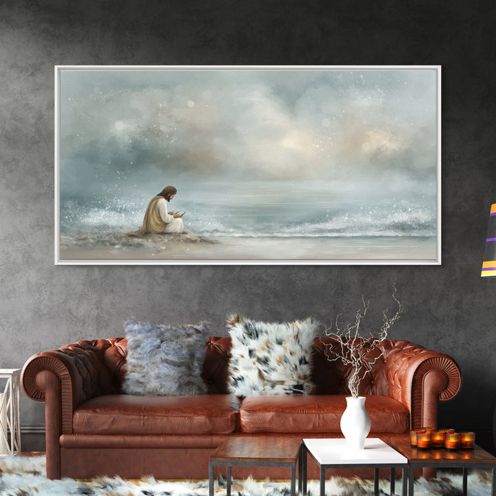 Shoreline Hope – Framed Canvas Print – Christian Art Canvas – Christian Wall Art – Jesus Painting – Minimalist Christian Art – Christian Gi