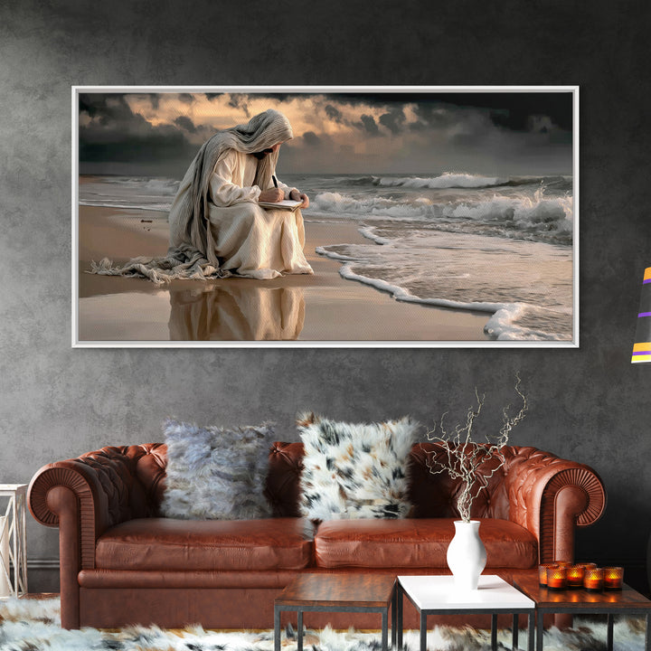 Shoreline Grace – Framed Canvas Print – Christian Wall Art – Jesus Painting – Modern Christian Art – Christian Christmas Art – Large Jesus