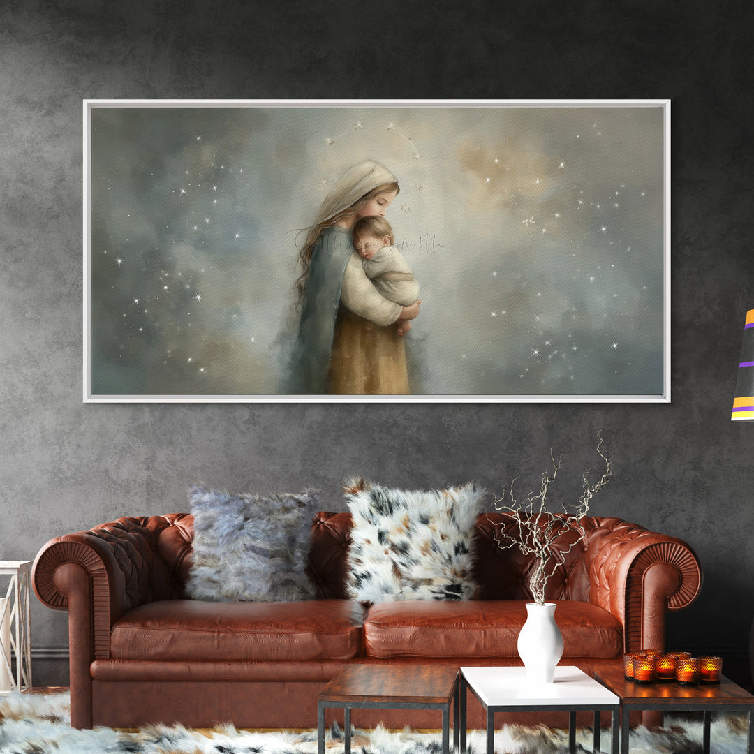 Starry Night Tenderness – Framed Canvas Print – Christian Christmas Art – Christian Art Gift – Mary and Jesus Painting – Christian Wall Art