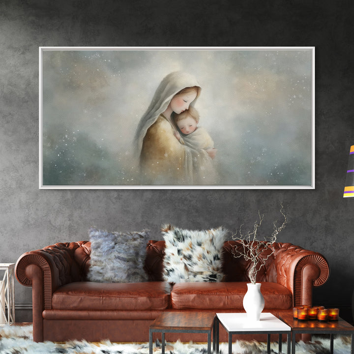 Snowfall Grace – Framed Canvas Print – Christmas Art – Christian Wall Art – Christian Art Canvas – Mary And Jesus Painting – Christian Gift
