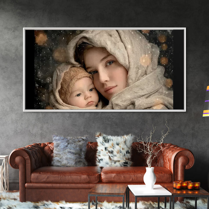 Winter Haven | Framed Canvas Print | Christian Wall Art | Christian Art Canvas | Mary And Jesus Painting | Christmas Art | Christian Art