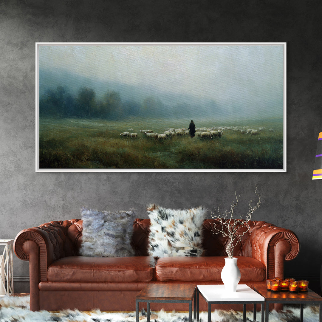 Misty Shepherd Path | Framed Canvas Print | Christian Wall Art | Jesus Painting | Christian Art Canvas | Moody Christian Art | Christmas Ar