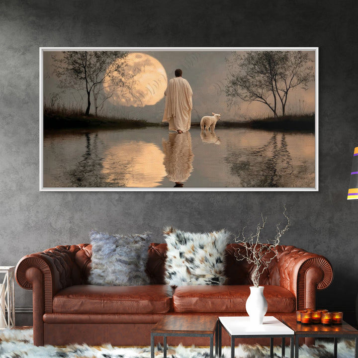 Moonlit Shepherd Calm – Framed Canvas Print – Christian Art Canvas – Christian Wall Art – Jesus Painting – Christian Christmas Art